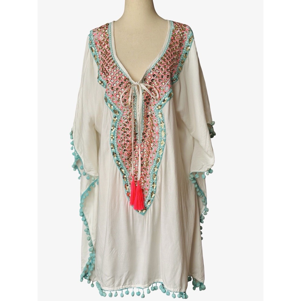 Miss June Paris Boho Beach Dress One Size Ivory Pink Blue Embroidered Sequins